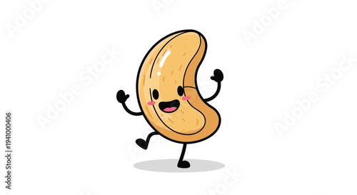 Adorable cartoon cashew nut character with a smiling face and small limbs dancing happily on a plain white background.