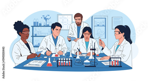 Diverse group of male and female scientists in lab coats working together in a well-equipped medical research laboratory.