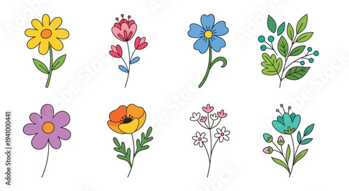 Colorful cartoon illustration of various wildflower stems and blossoms