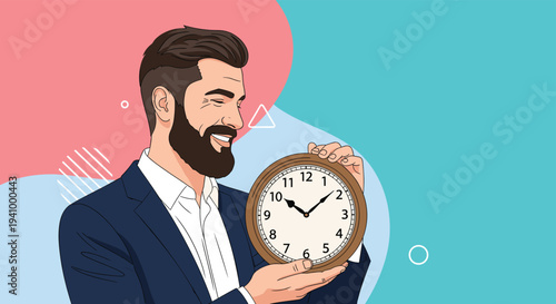 Handsome businessman with a beard and a suit smiling as he holds a large round wall clock against an abstract background.