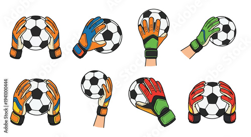 Cartoon illustration of hands in goalkeeper gloves holding soccer balls