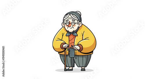 Charming cartoon illustration of a plump elderly woman wearing glasses and a yellow jacket, knitting with needles and yarn, leaning on a walking