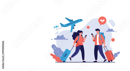 Traveling couple with suitcases checking flight information on their smartphones with an airplane flying in the sky.