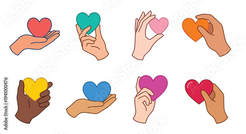 Hands holding colorful hearts a symbol of love care and connection