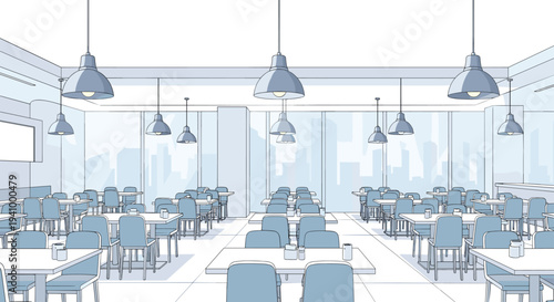 Spacious and modern cafeteria or dining hall with many tables and chairs set up under industrial-style pendant lamps.