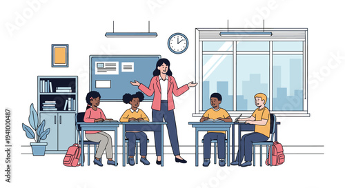 Female teacher standing in front of a classroom and explaining a lesson to four young students sitting at their desks.