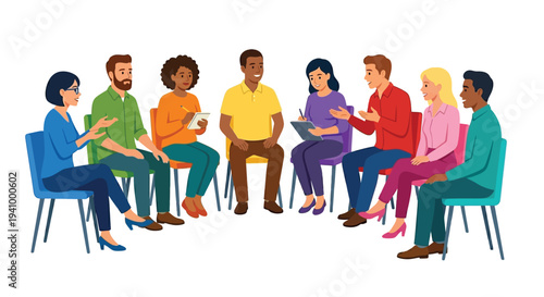 Diverse group of people participating in a circular discussion or meeting