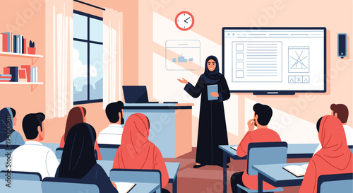 Empowered Muslim female teacher wearing a traditional hijab leads an educational presentation for students in a modern high-tech classroom.