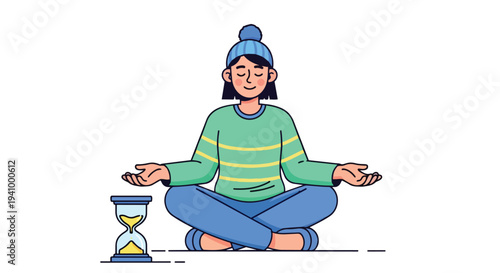 Person Meditating with Hourglass to Symbolize Mindfulness and Time Management in a Calm and Peaceful Setting