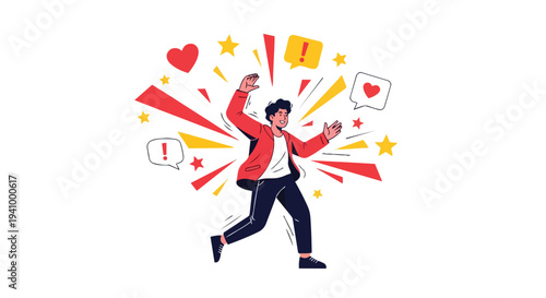 Enthusiastic individual radiating joy and positive engagement amidst vibrant celebratory bursts and social media icons