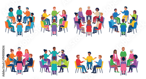 Diverse group of people sitting in circles engaged in conversation