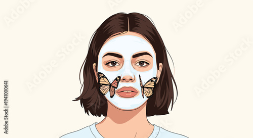 Beautiful young woman relaxes while wearing a hydrating cosmetic sheet mask decorated with delicate butterflies for a skincare treatment.