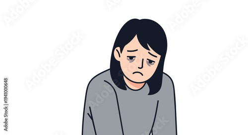 Illustration of a young woman experiencing emotional distress, depicted with dark under-eye circles and a downcast expression symbolizing fatigue