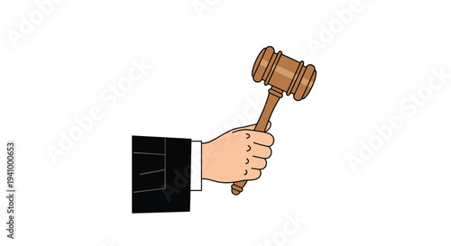 A hand in a black formal suit sleeve grips a brown wooden gavel and holds it at an angle against a white background.