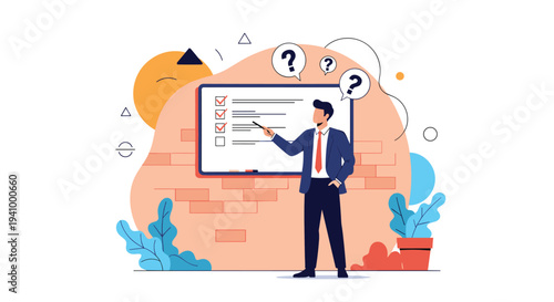 Confident businessman uses a pointer to explain a project checklist and strategy on a whiteboard during an important corporate meeting.