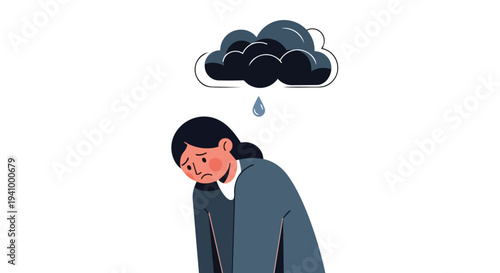 Illustrative depiction of a person experiencing emotional distress under a dark, raining cloud symbolizing sadness and despair.