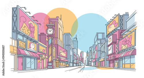 Vibrant artistic sketch depicts a busy city street with tall buildings, numerous billboards, and a classic clock tower in an urban landscape.