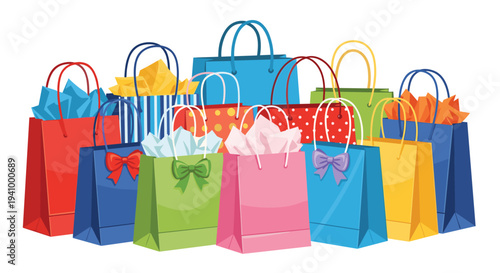 Large group of colorful paper shopping bags in various sizes and patterns are clustered together with tissue paper.