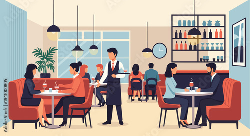 Busy modern restaurant interior shows diverse guests dining at tables while a professional waiter serves food and drinks with a tray.