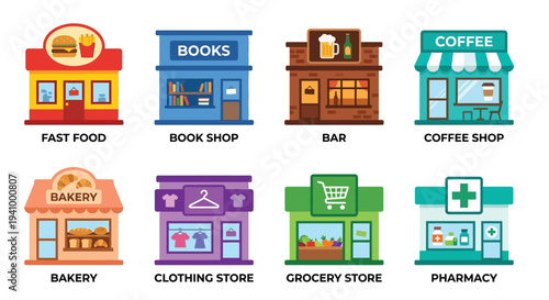 Colorful illustrated storefronts depicting various small businesses and shops