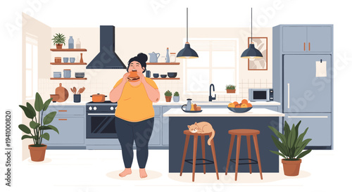 Hungry woman enjoys a large burger in her modern kitchen while an orange cat sleeps on a bar stool next to her on the kitchen island.