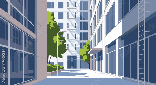 Exterior view of modern white apartment buildings featuring large windows, balconies, and a central courtyard with green trees and bushes.