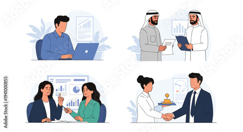 Collage displays diverse professional business scenarios including independent work, client meetings, presentations, and successful handshakes.