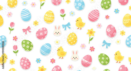 A seamless pattern of colorful Easter eggs with chicks and bunnies and spring flowers arranged on a plain white background for holiday decoration.
