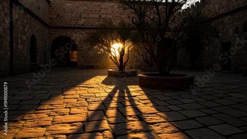 Sunlight Through Tree Shadows on Cobblestone.