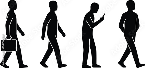 Business people walking silhouettes set showing businessman with briefcase and man using smartphone isolated on white background illustration