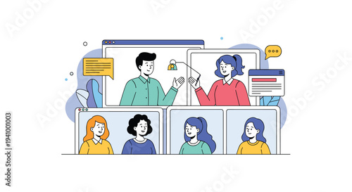 Group of diverse professionals engages in a remote video conference call using a multi-screen digital meeting interface for collaboration.