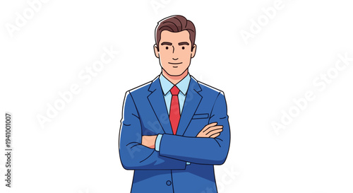 Confident businessman with arms crossed in a blue suit and red tie, isolated on a white background, professional depiction