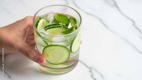 Hand Holding Glass of Cucumber Lime Water.