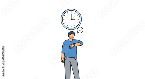 A person checks their wristwatch with a clock above their head and a checkmark indicating timeliness and punctuality