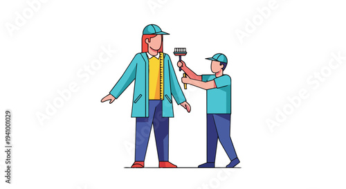 A small person dressed in blue and yellow applying a giant brush to another person dressed in teal and blue