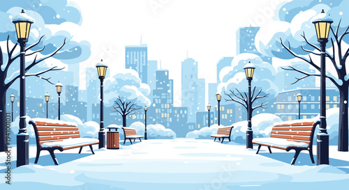 Beautiful winter landscape displays a city park covered in snow with empty wooden benches and classic black lamp posts.