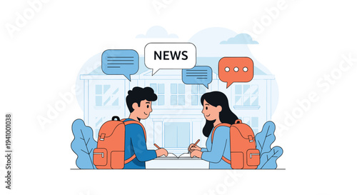 Male and female students with orange backpacks stand in front of a school building talking with speech bubbles.