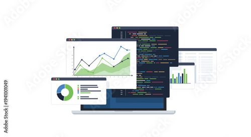 A laptop computer displaying various data visualization windows including line graphs and pie charts alongside blocks of programming code on a white background.