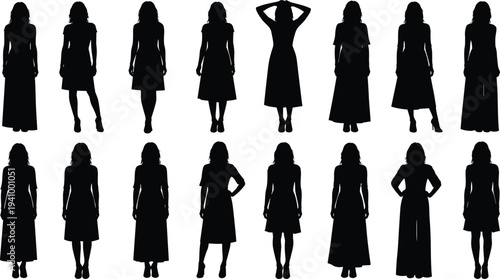 Collection of female silhouettes in different standing poses isolated on white background fashion model shapes elegant woman figure set bundle