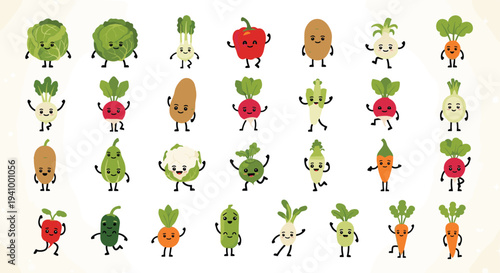 Large collection features twenty-four diverse vegetable characters with cute faces and playful poses on a light textured background.