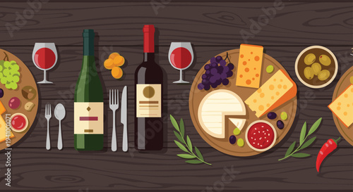 Overhead view shows a dark wooden table arranged with wine bottles, glasses, cheese platters, olives, grapes, and various appetizers.