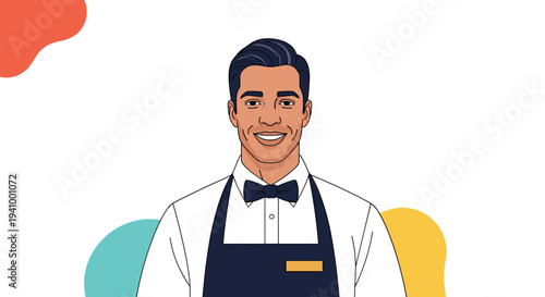 Professional male waiter wearing a white shirt, dark blue apron, and a matching bow tie smiles warmly against a patterned background.
