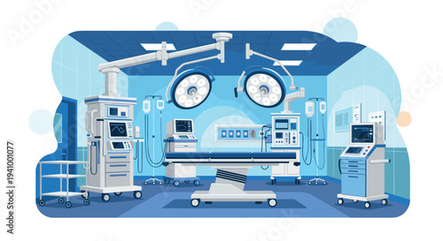 Empty surgical operating room is equipped with an adjustable medical bed, bright ceiling lamps, and advanced monitoring devices.