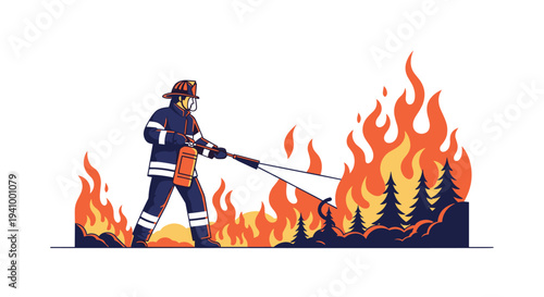 Brave firefighter in a protective suit and helmet uses an extinguisher to combat a raging wildfire among evergreen trees.