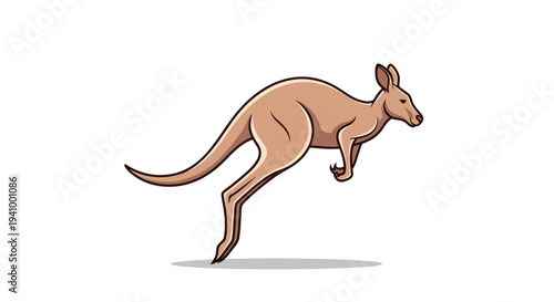 Brown kangaroo with long muscular legs and a large tail is captured in a dynamic jumping pose over a plain white surface.
