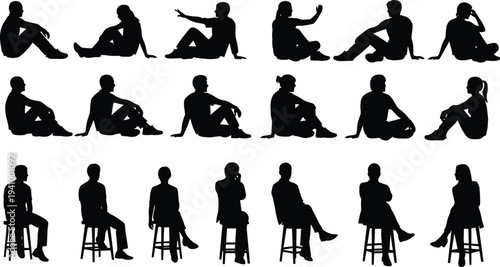 Collection of human sitting silhouettes set, men and women seated poses, isolated figures for design, people posture reference pack bundle