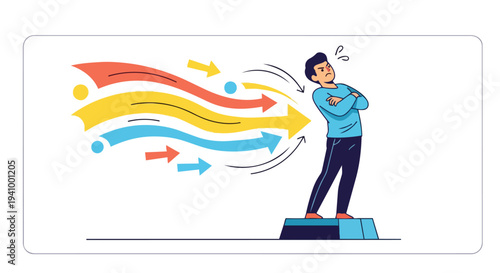 Frustrated Person Facing a Barrage of Arrows Representing Overwhelming Information or Criticism in a Modern Illustration