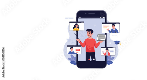 Large smartphone screen displays a virtual classroom where a teacher conducts a lecture for several students via video conference.