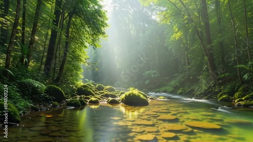 Serene Forest Stream with Sunlight Filtering.