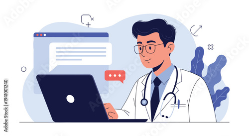 Young male doctor wearing a white lab coat and stethoscope works on his laptop with a medical chat interface behind him.